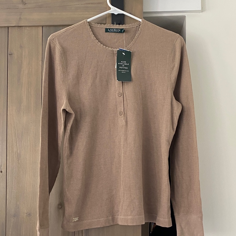 Lauren Ralph Lauren Ribbed Henley Top - Beige